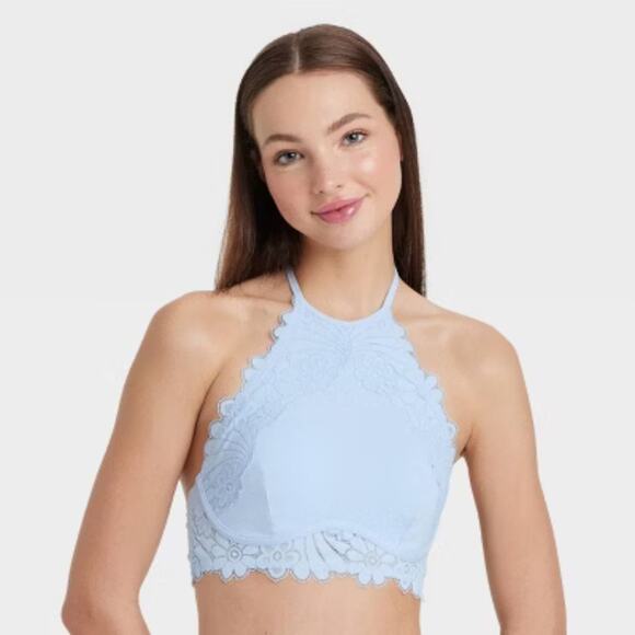 Colsie Women's High Neck Crochet Lace Bralette Light Blue Size Small - Picture 1 of 6